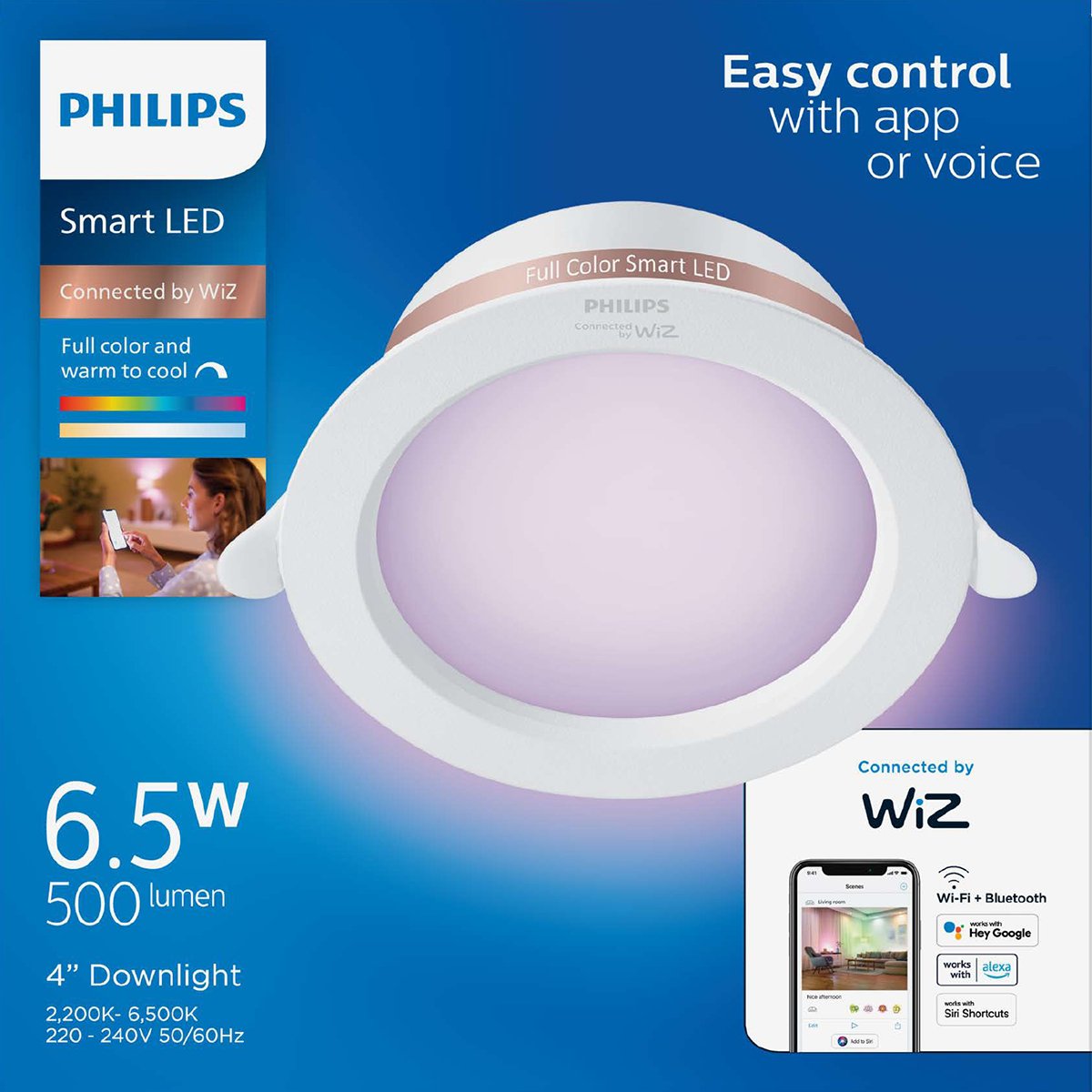 Philips WiZ Downlight RGB 6.5W 4" Smart Wi - Fi Wiz Connected Recessed Downlight - Smart Downlight - WiZ - Zenox