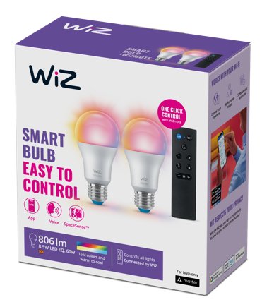 WiZ Wi - Fi BLE 60W A60 E27 RGB 2PK + Remote - Smart Bulb - WiZ - Zenox